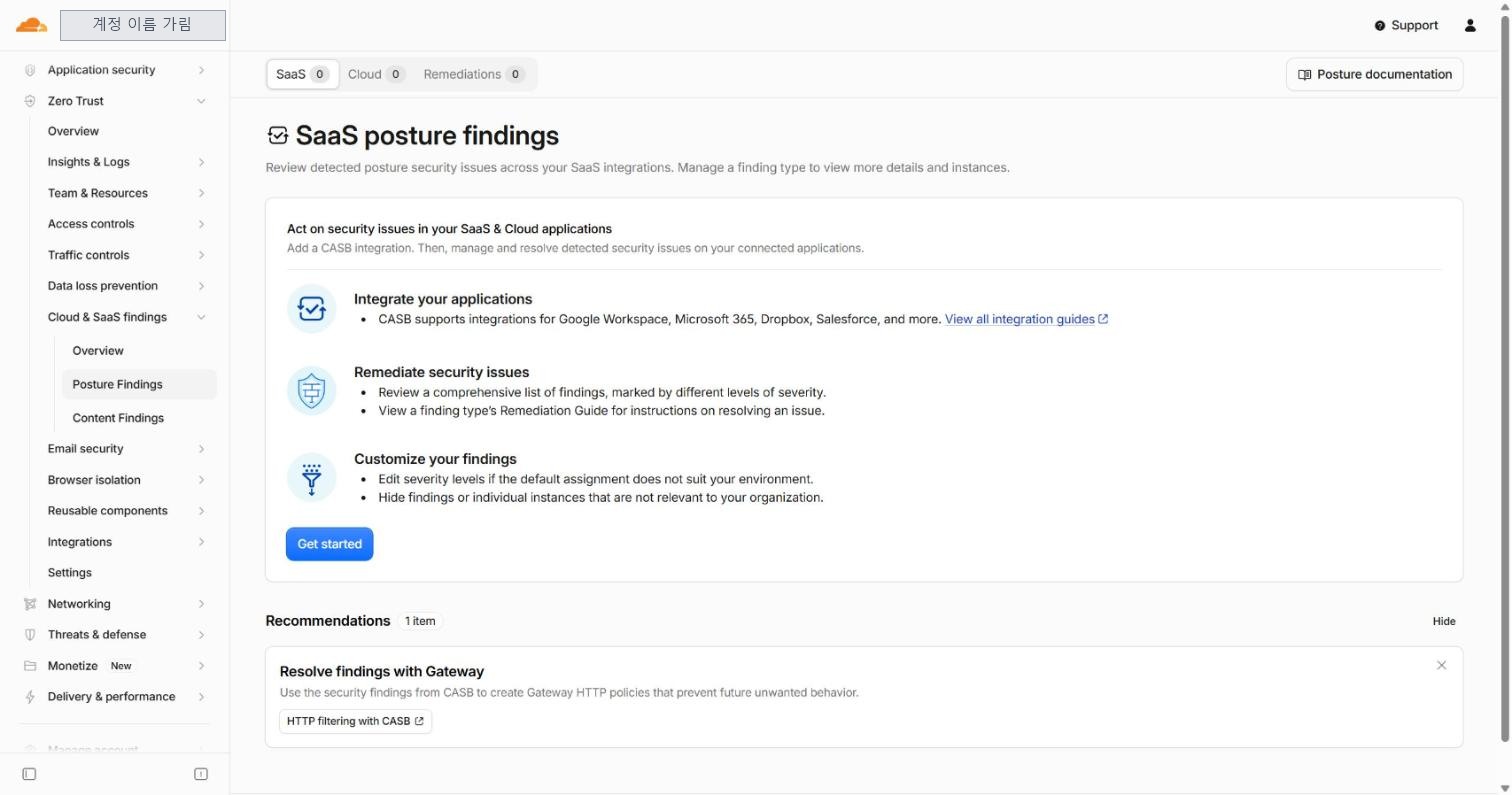 SaaS posture findings 첫 화면. SaaS, Cloud, Remediations 탭과 연동 시작 안내가 보인다