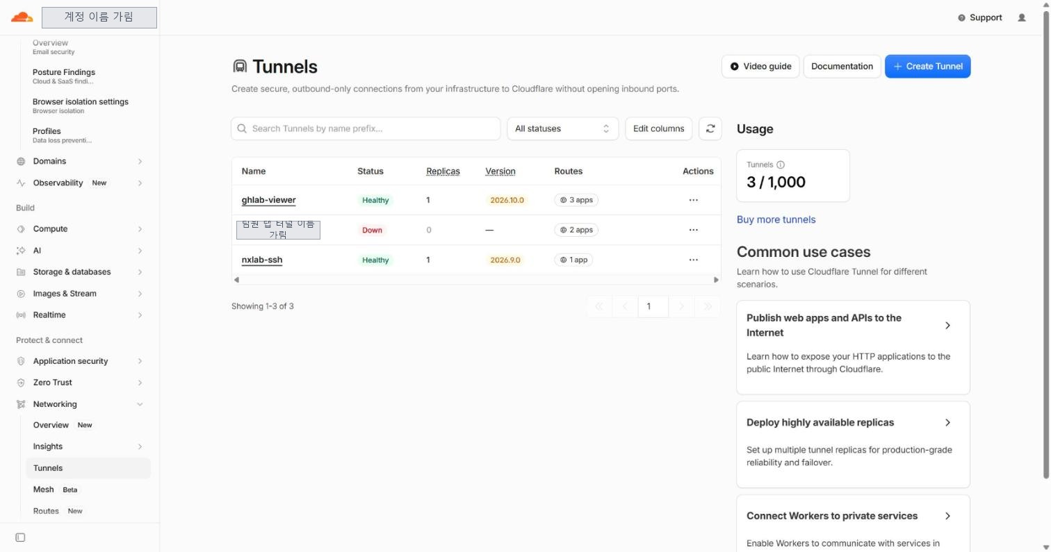 Tunnels 목록. 터널 이름, 상태(Healthy, Down), 복제본 수, 버전, 연결된 앱 수가 보인다
