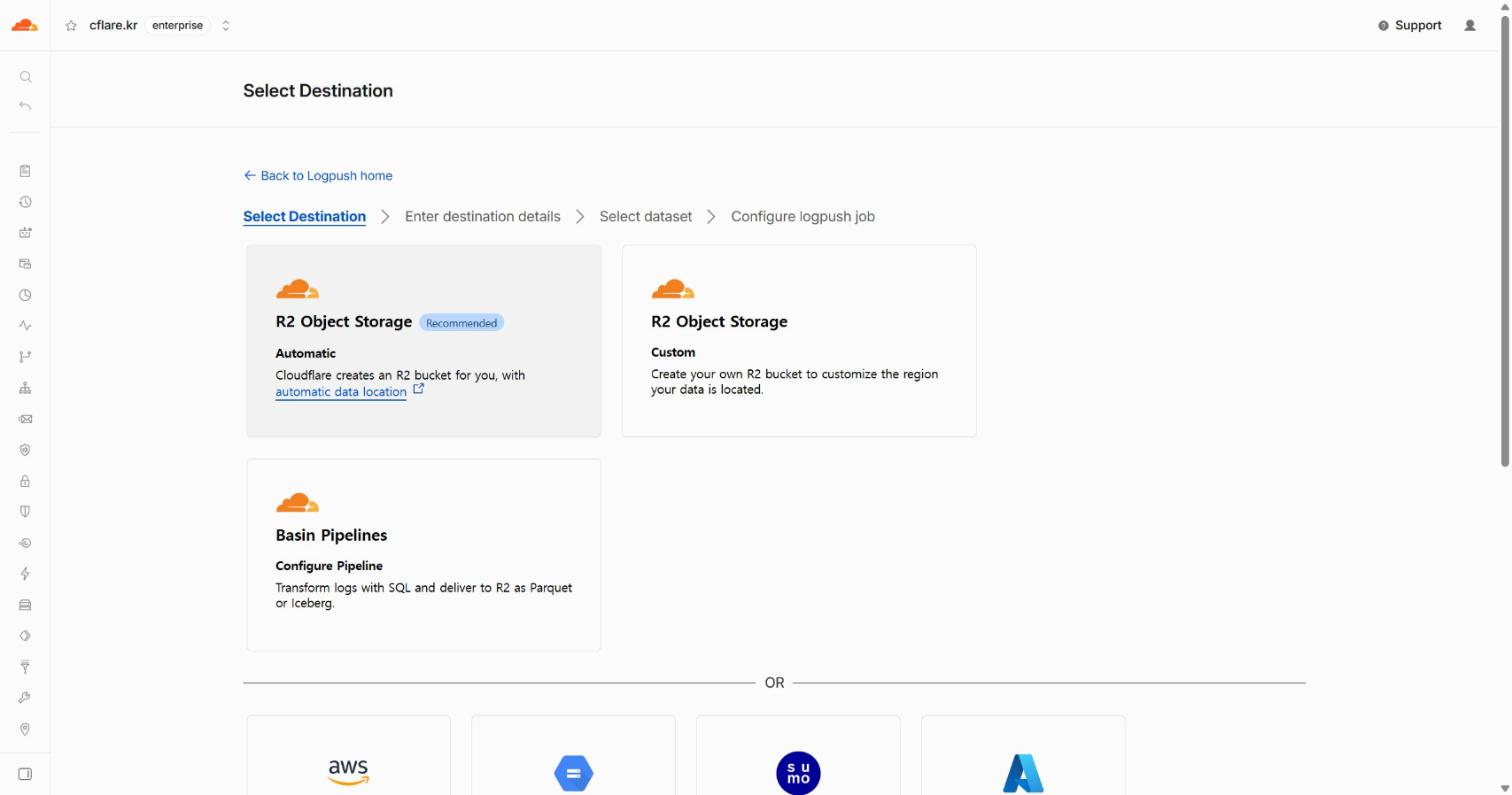 실습장 랩 존의 Create a Logpush job 첫 단계 Select Destination 화면. 위에 Select Destination, Enter destination details, Select dataset, Configure logpush job 네 단계가 표시되고, 아래에 R2 Object Storage Automatic(Recommended)과 Custom, Basin Pipelines 카드, OR 아래로 AWS, Google Cloud Storage, Sumo Logic, Azure 목적지가 있다