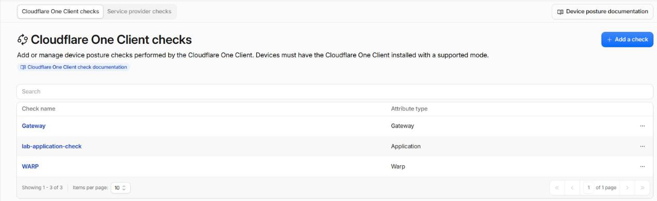 Cloudflare One Client checks 목록. 검사 이름과 종류가 줄마다 보인다