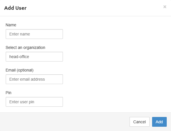 Pritunl Add User 창. Name, Select an organization(head-office), Email(optional), Pin 입력칸과 Add 단추