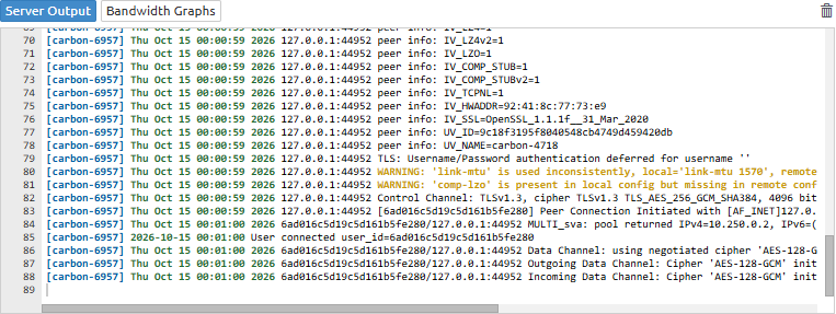 Pritunl Server Output 로그. 클라이언트 연결, TLS 협상, 가상 IP 할당 줄이 이어진다
