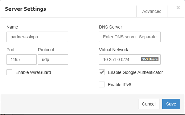 Pritunl Server Settings 창. partner-sslvpn 서버, Port 1195 udp, Enable Google Authenticator 체크