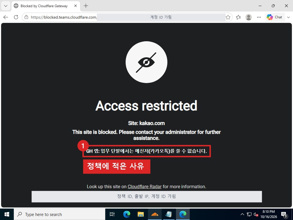 Blocked by Cloudflare Gateway 페이지. Access restricted 제목과 사이트 이름, 정책에 적은 사유 문구가 보인다
